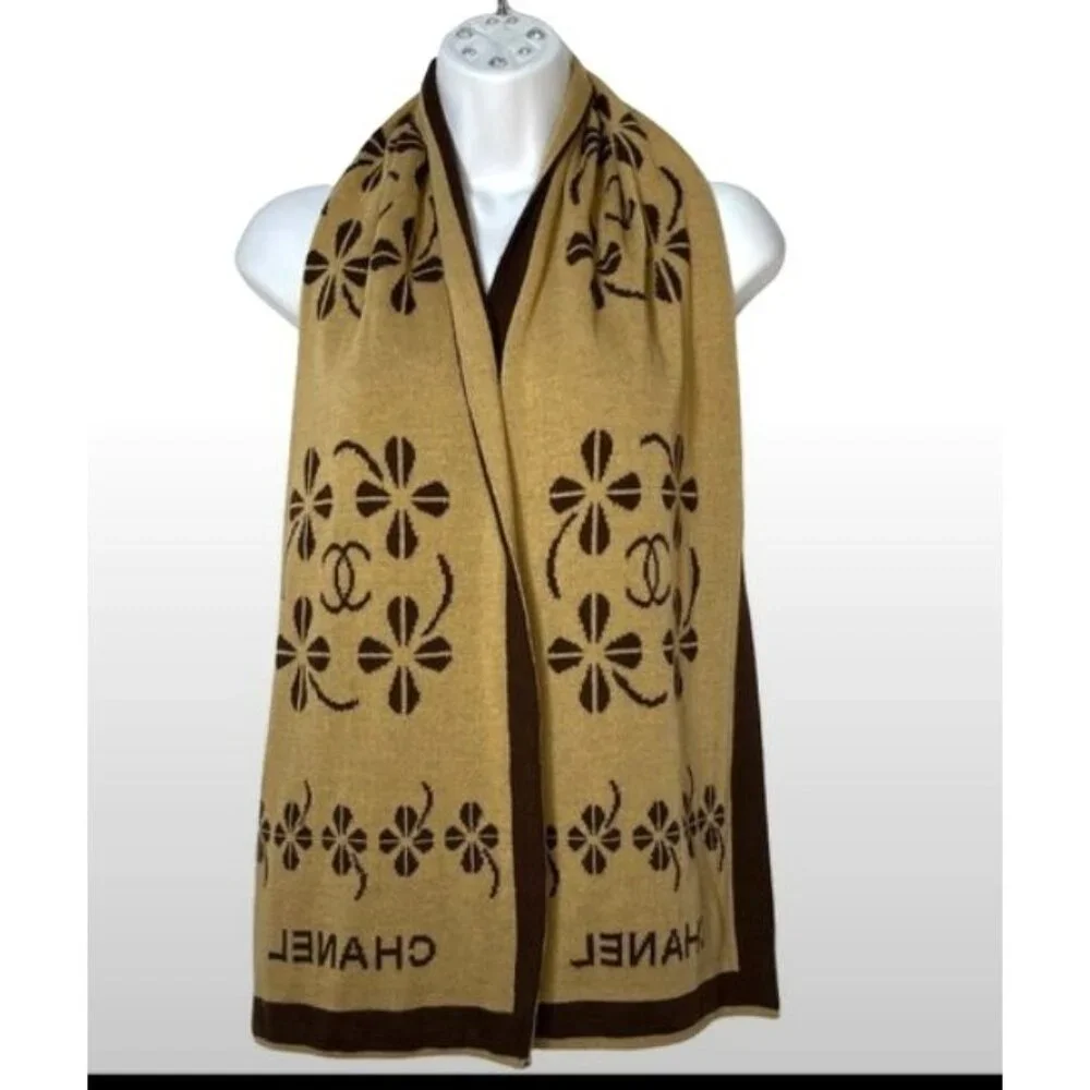 Chanel Brown & Beige Scarf With Four Leaf Clover Pattern - Picture 6 of 9